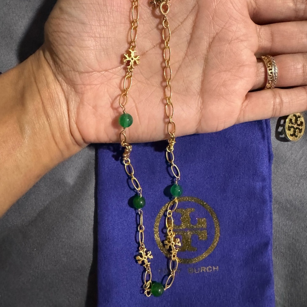 Tory Burch Elegant Gold and Green Gemstone Necklace - Picture 6 of 15